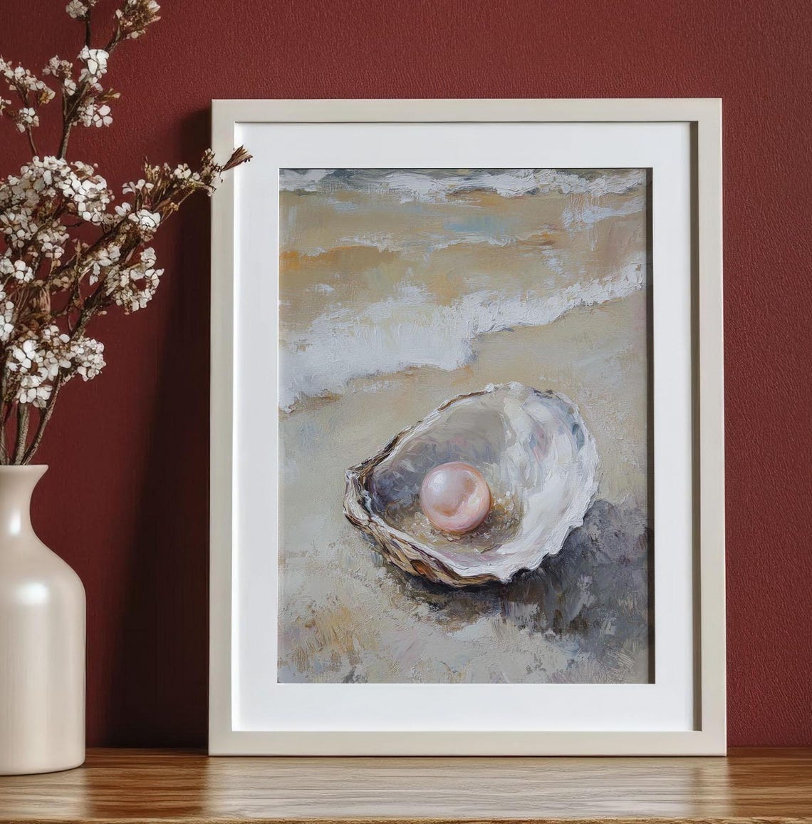 Pink Pearl In Oyster Shell Beach Waves Coastal Seaside Wall Poster - Image 3