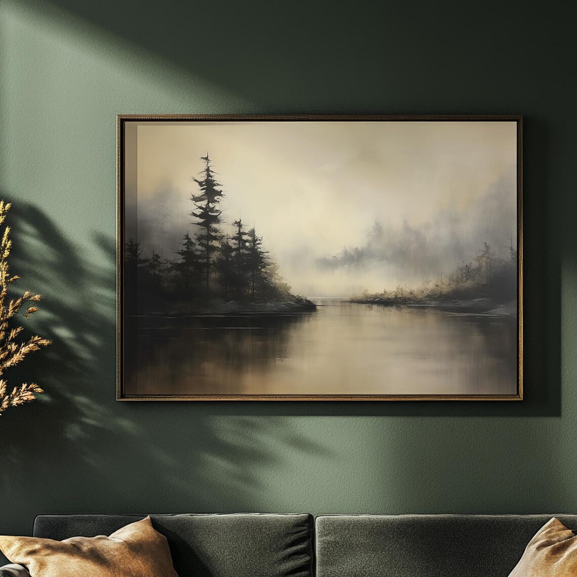 Moody Misty Forest Lake Landscape Minimalist Nature Painting Poster - Image 3