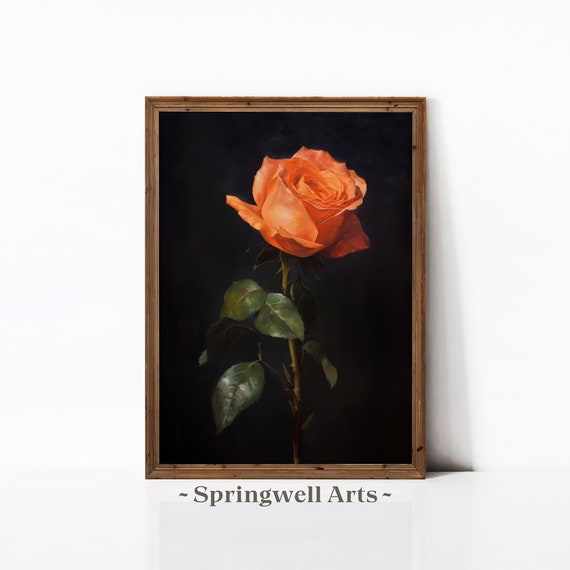Orange Rose Art Print Elegant Flower Painting Dark Moody Botanical Wall Art Romantic Home Decor Art