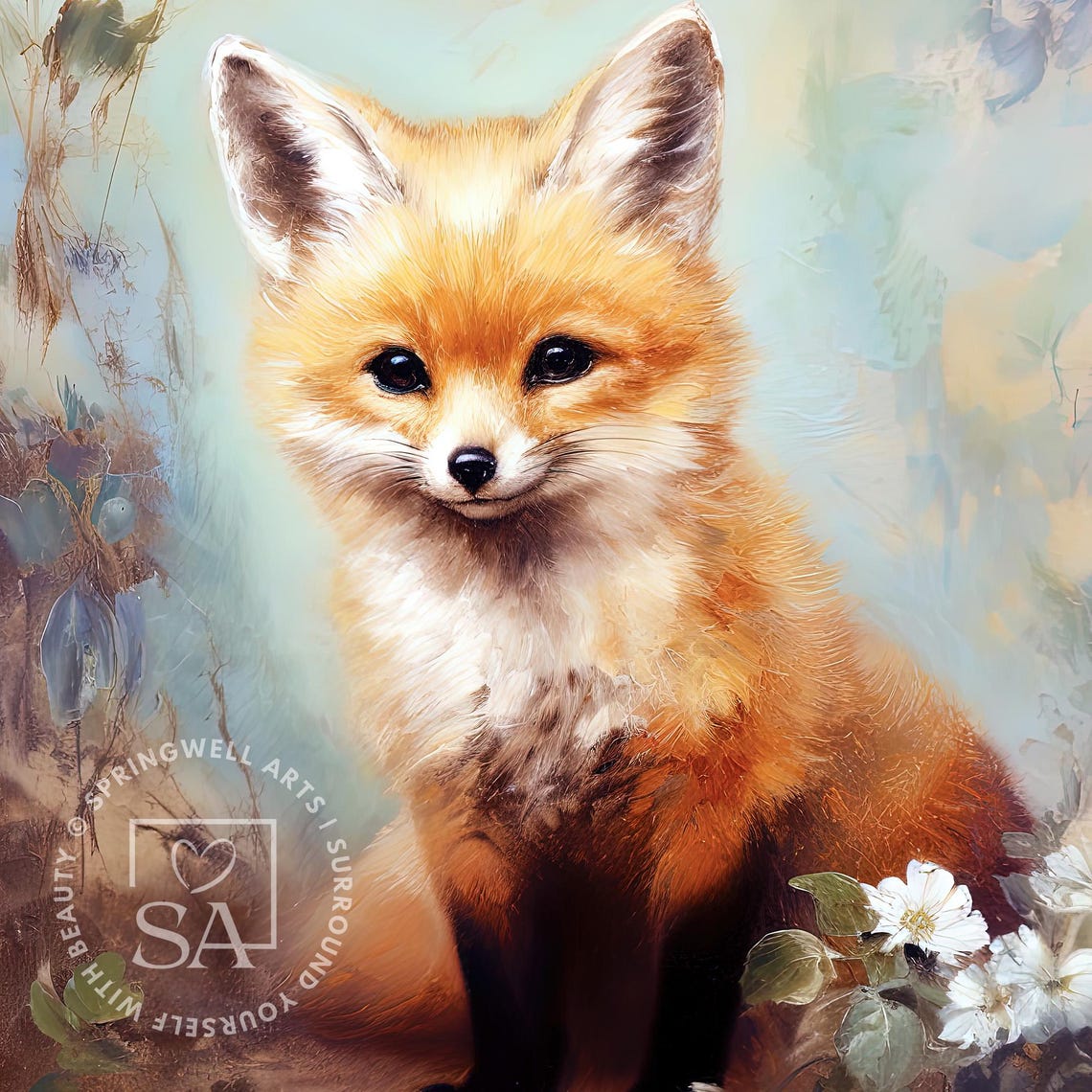 Baby Fox Kit Flower Painting Cute Woodland Nursery Wall Decor Poster - Image 2