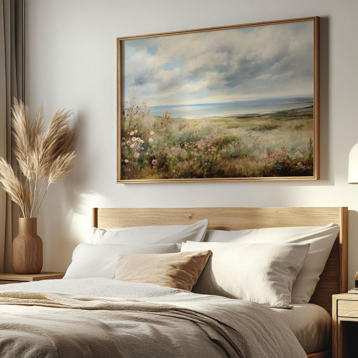 Coastal Wildflower Meadow Cloudy Sky Calm Seaside Landscape Poster - Image 2