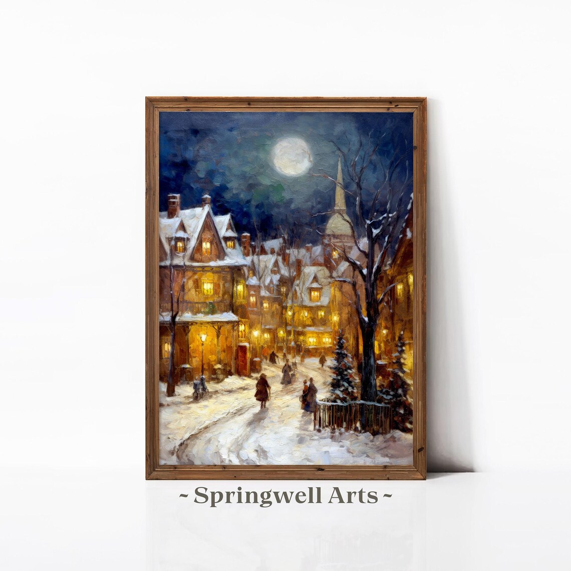 Moonlit Snowy Village Street Night Glowing Windows Church Art Poster