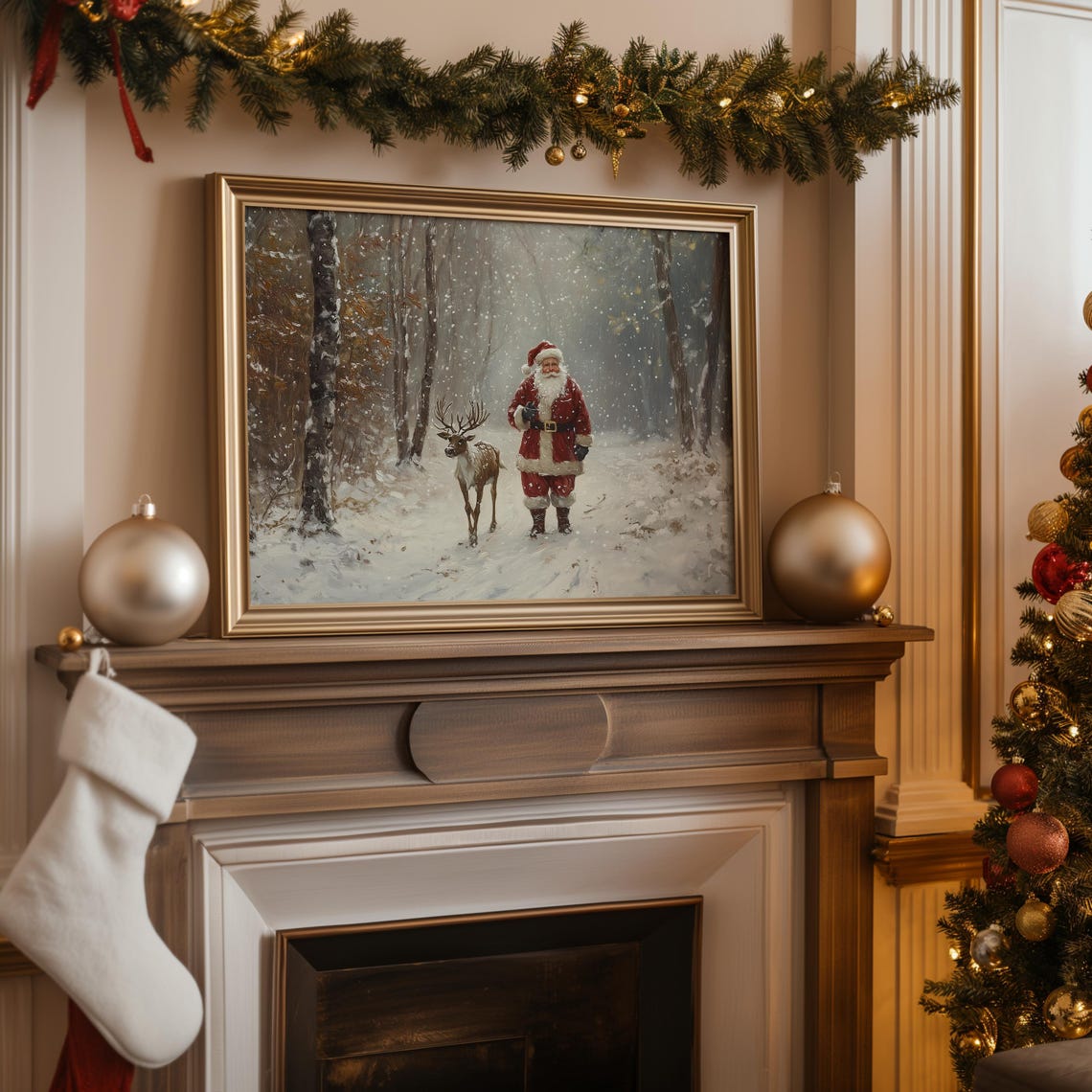 Santa Claus and Reindeer Snowy Forest Walk Vintage Christmas Poster - Image 5