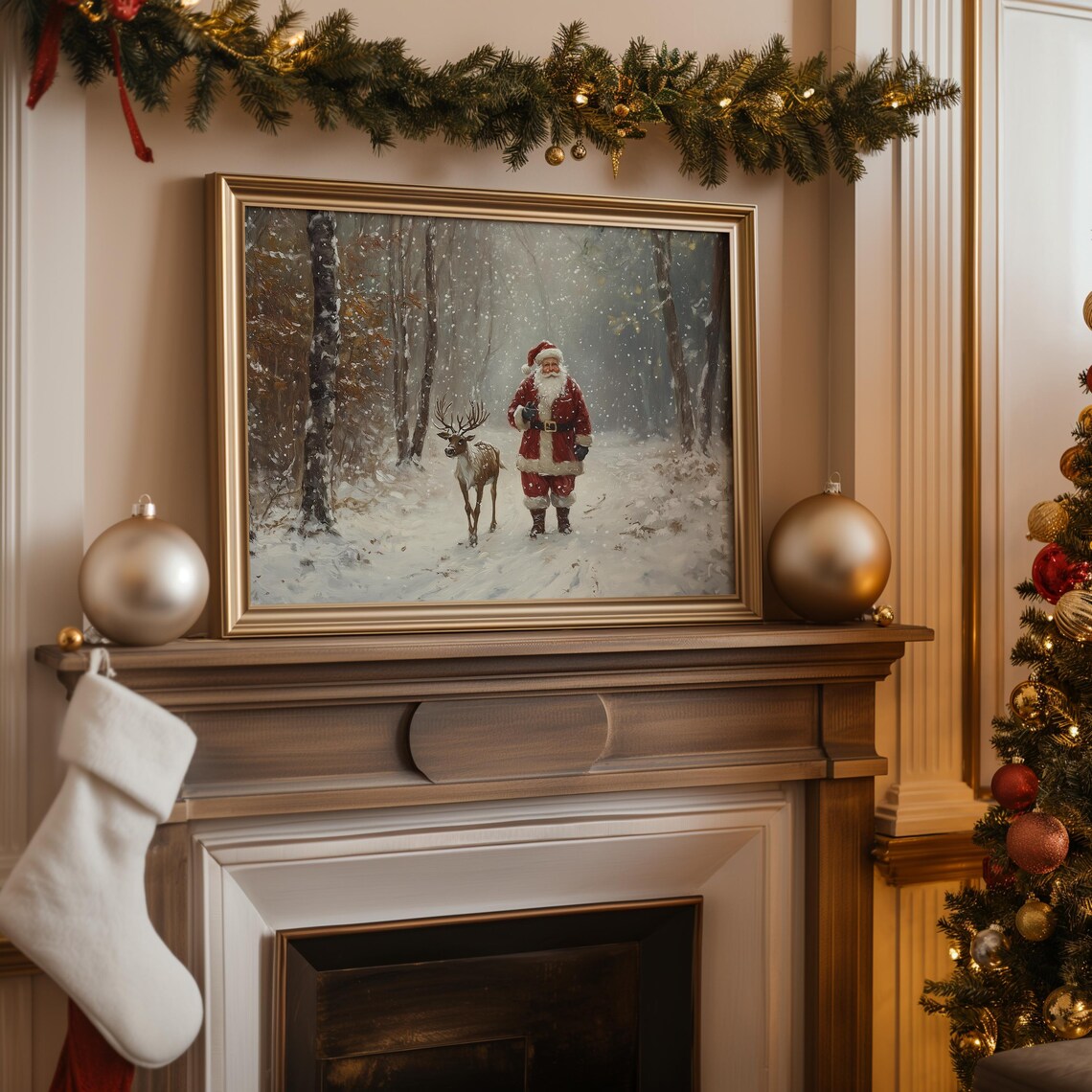 Santa Claus Reindeer Wall Art Winter Landscape Wall Art Farmhouse Oil Painting Christmas Tree Artwork Holiday Decor Trendy Xmas Wall Art - Image 5
