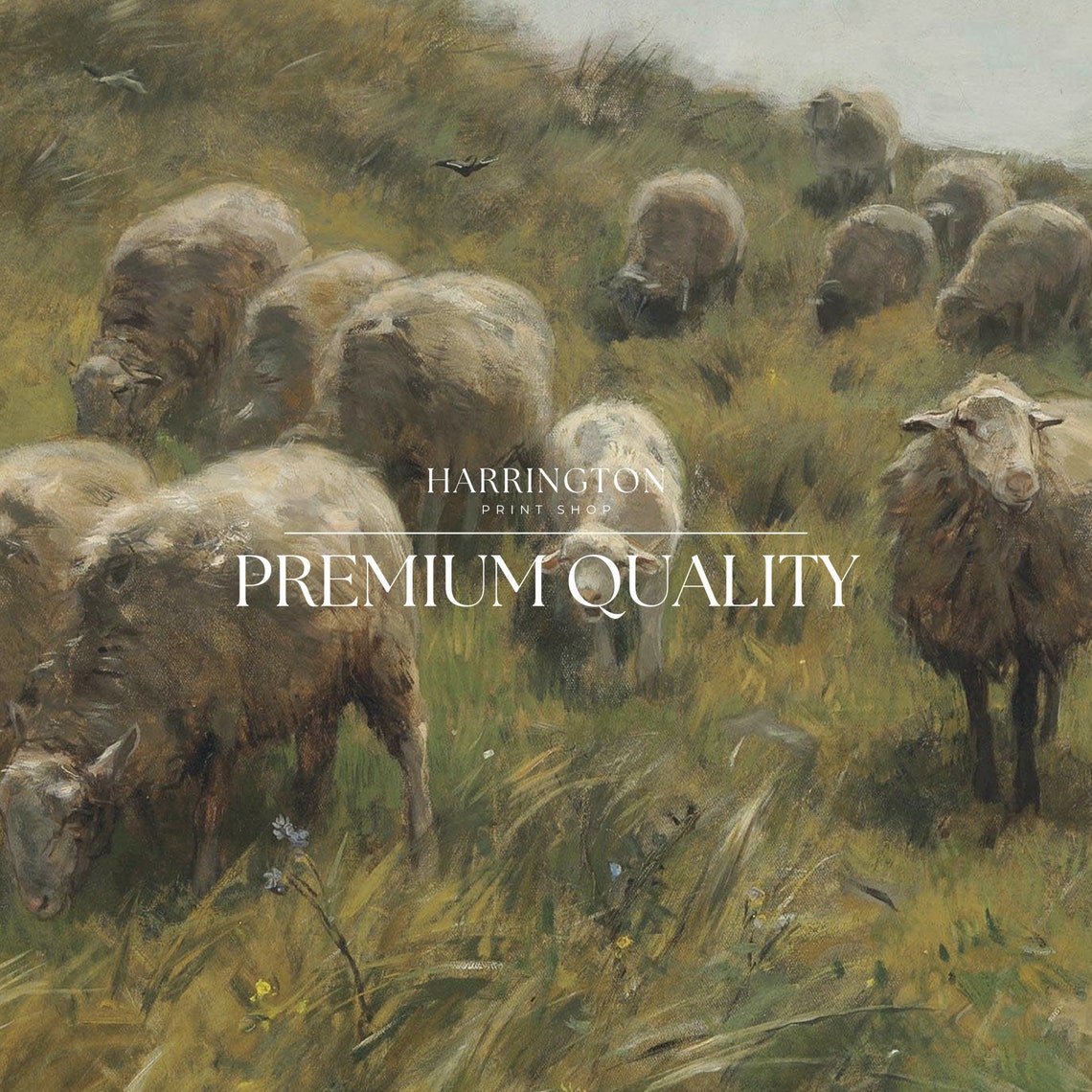 Sheep Flock Grazing Grassy Hill Shepherd Vintage Oil Painting Print - Image 5