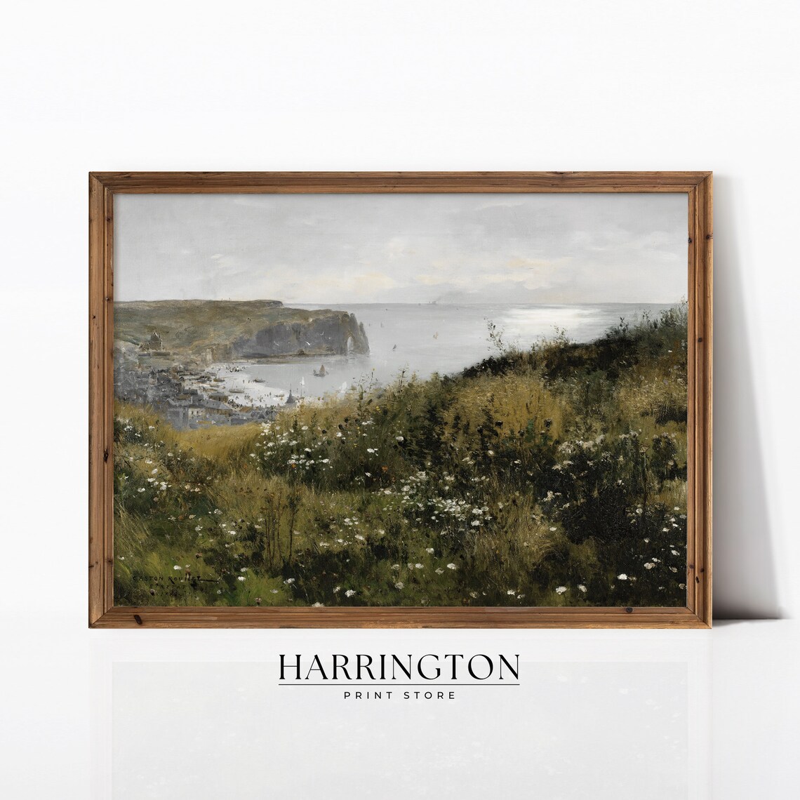Coastal Cliffs Harbor Town Wildflower Field Vintage Art Poster