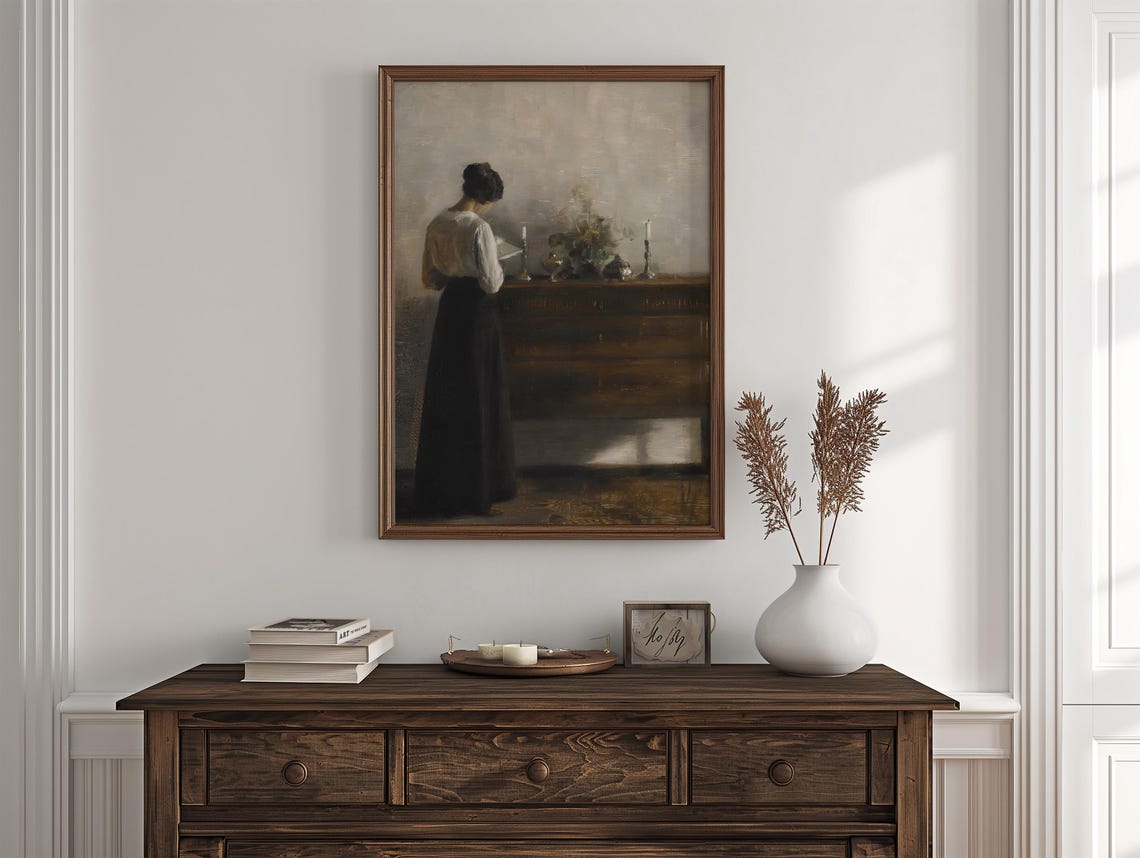Vintage Woman Reading Quiet Interior Antique Oil Painting Poster - Image 2