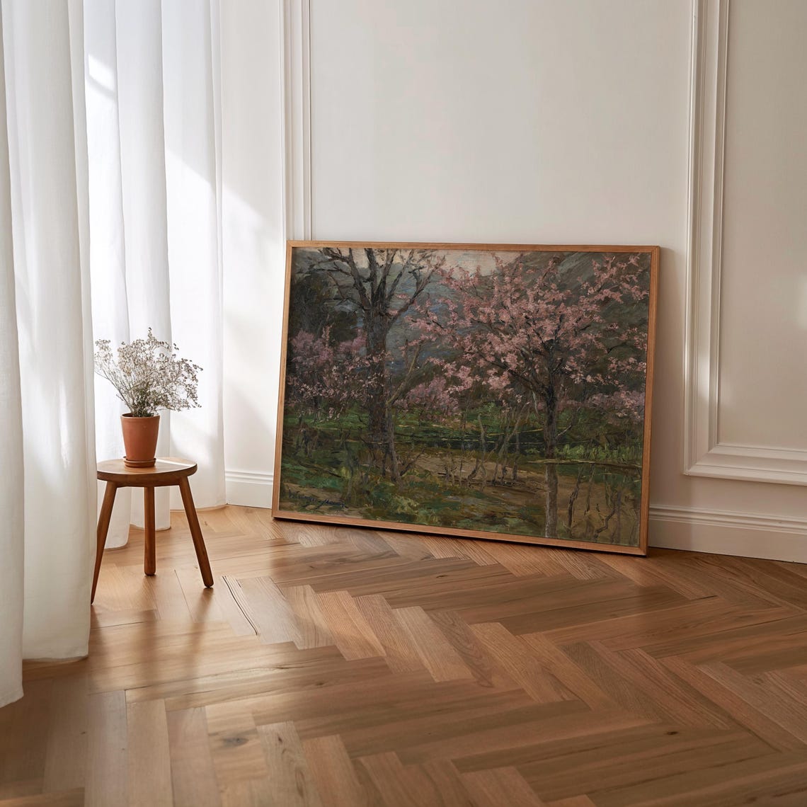 Pink Cherry Blossom Trees Spring Grove Vintage Oil Painting Poster - Image 2