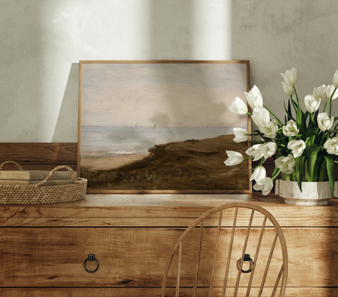 Muted Vintage Beach Cliffs Calm Sea Sailboats Neutral Wall Art Print - Image 2