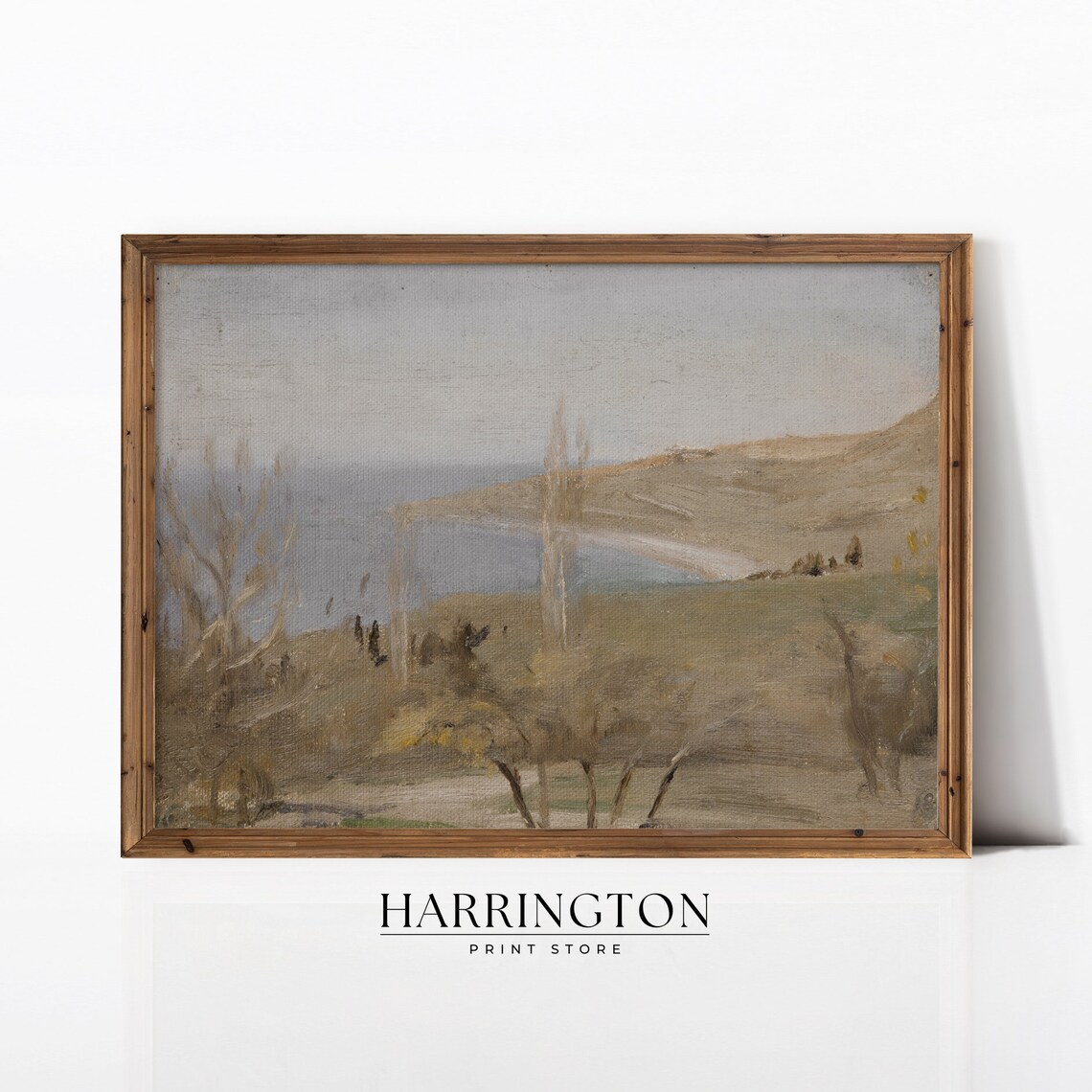 Hazy Lakeside Hills Poplar Trees Muted Vintage Landscape Art Poster