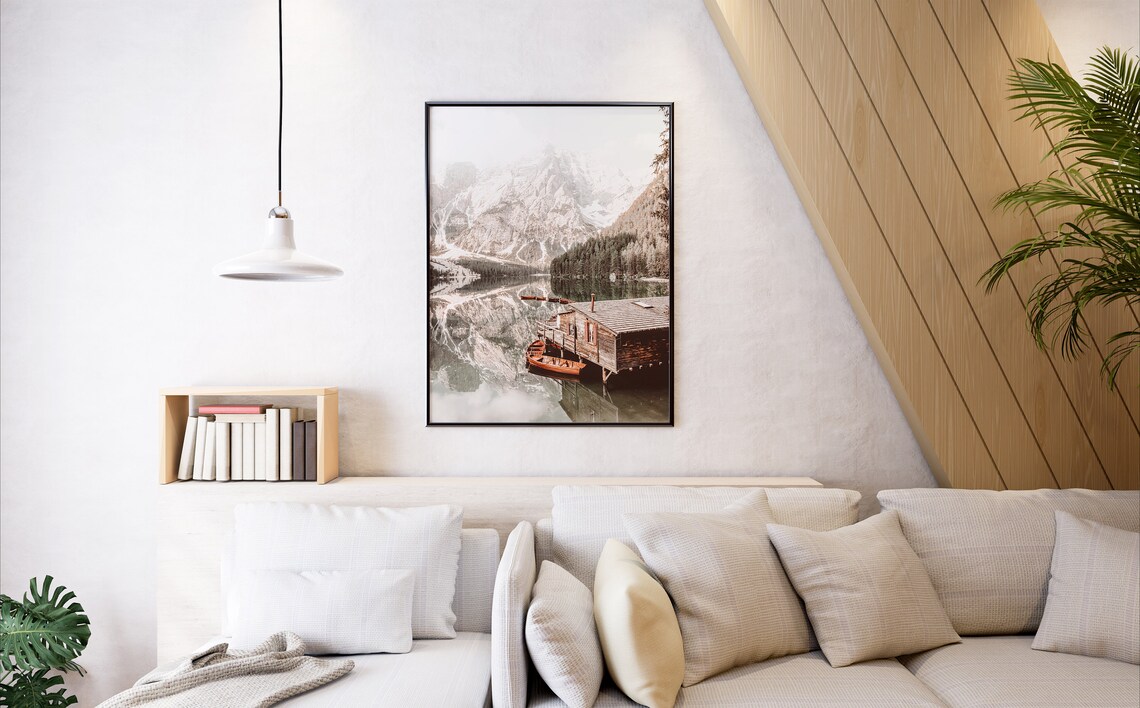 Lago di Braies Wooden Boathouse and Mirror Lake Photography Poster - Image 2