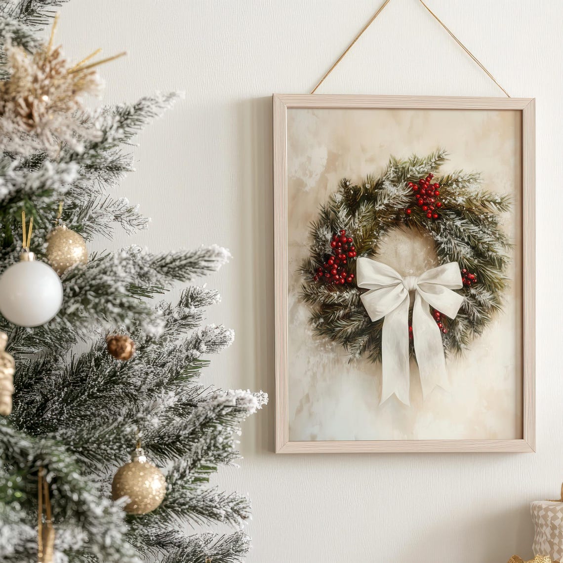 Vintage Christmas Wreath With White Bow Red Berries Pine Poster - Image 2