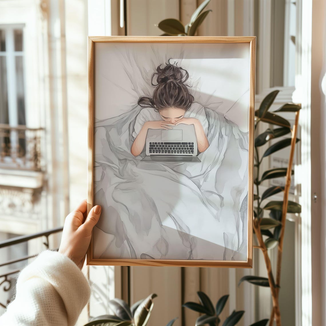 Cozy Woman With Laptop Art Minimalist Print For Home Office Relaxing Wall Art For Bedroom Decor Modern Workspace Printable - Image 3
