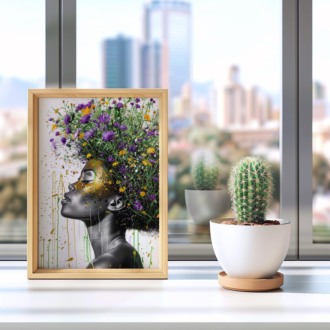 Black Woman Floral Afro Hair Portrait Afrocentric Art Poster - Image 2