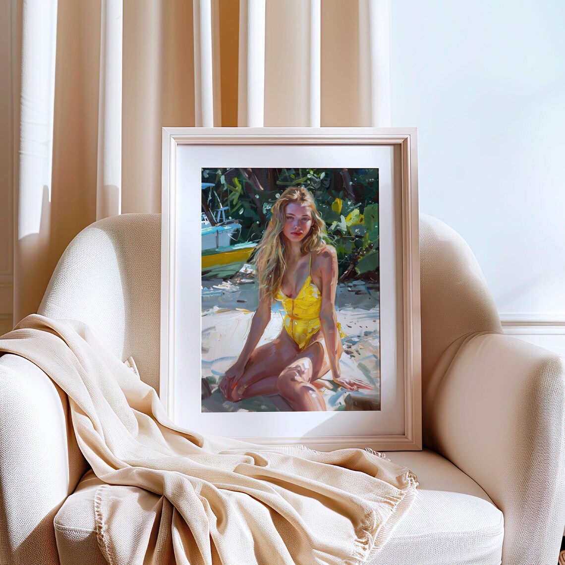 Woman in Yellow Swimsuit Tropical Beach Impressionist Art Poster - Image 6