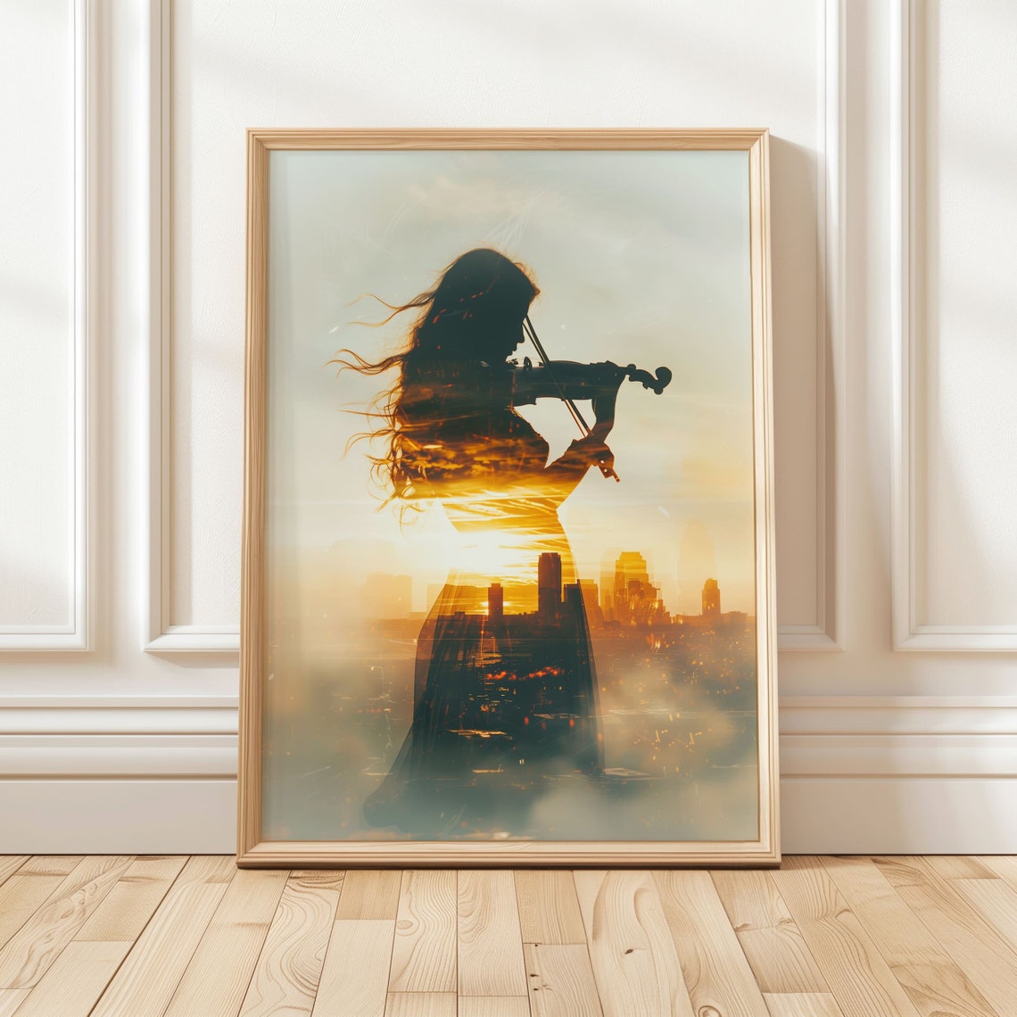 Violinist Silhouette Sunset Cityscape Double Exposure Art Poster