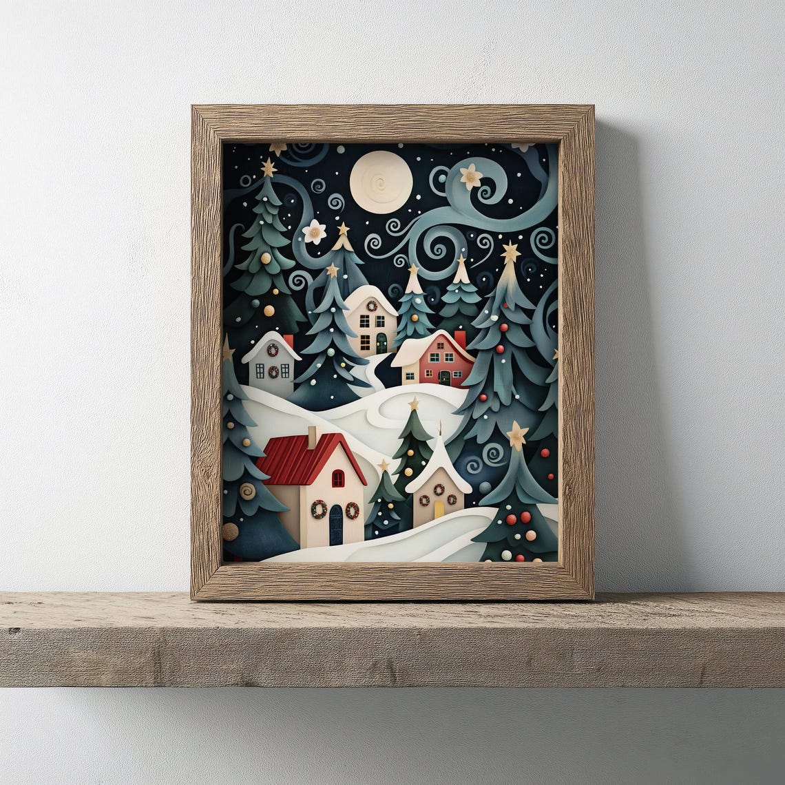 Whimsical Snowy Night Village Paper Cut Style Christmas Poster - Image 6
