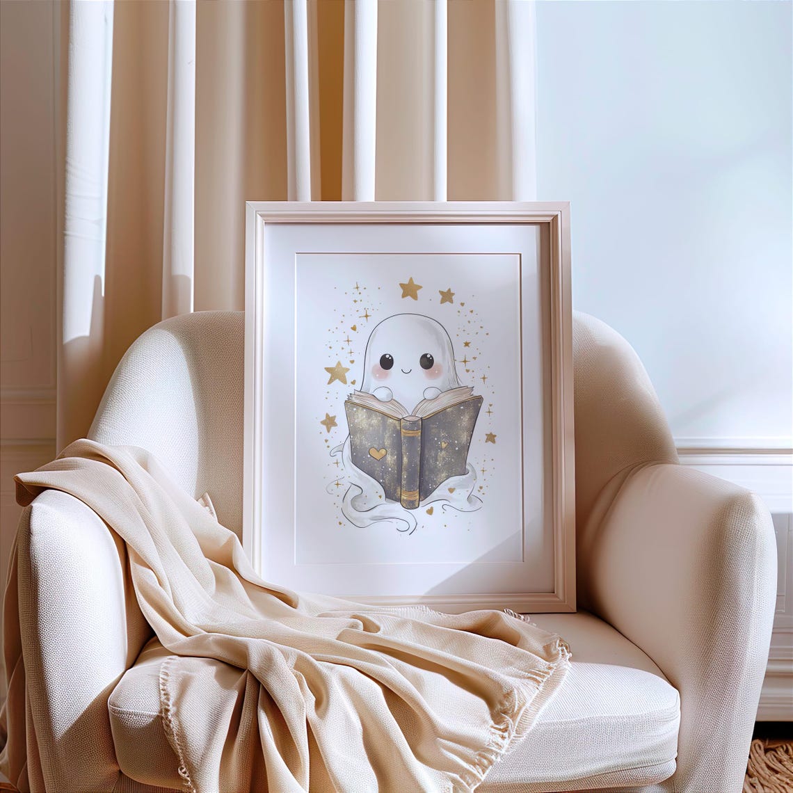Kawaii Ghost Reading Book Gold Stars Cute Halloween Bookish Poster - Image 4