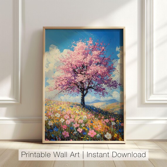 Cherry Blossom Tree Over Wildflower Meadow Spring Art Poster