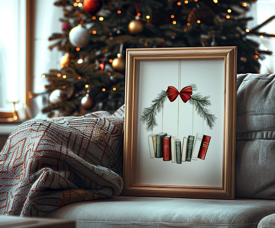 Christmas Book Wreath Hanging Books With Red Bow Holiday Decor Art Poster - Image 6
