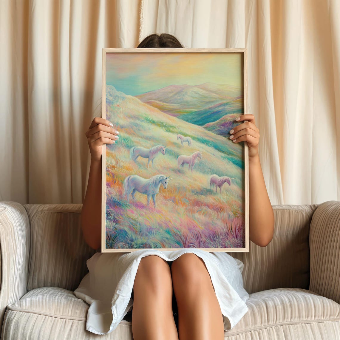 Pastel Unicorn Herd in Dreamy Rainbow Meadow Fantasy Landscape Poster - Image 3