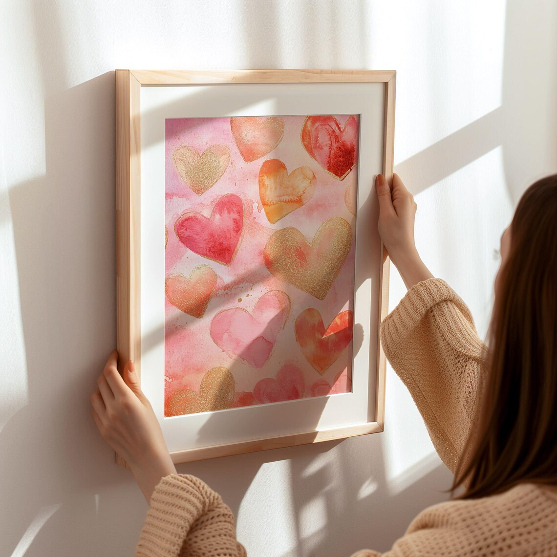 Watercolor Hearts In Pink Coral And Gold Valentine Art Poster - Image 3