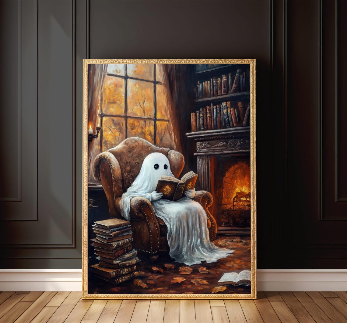 Cute Ghost Reading in Armchair by Fireplace Halloween Art Poster