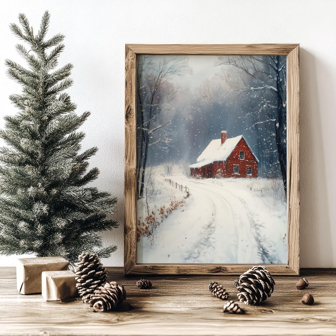 Cozy Red Winter Cottage Snowy Woods Falling Snow Rustic Cabin Scene Poster - Image 3