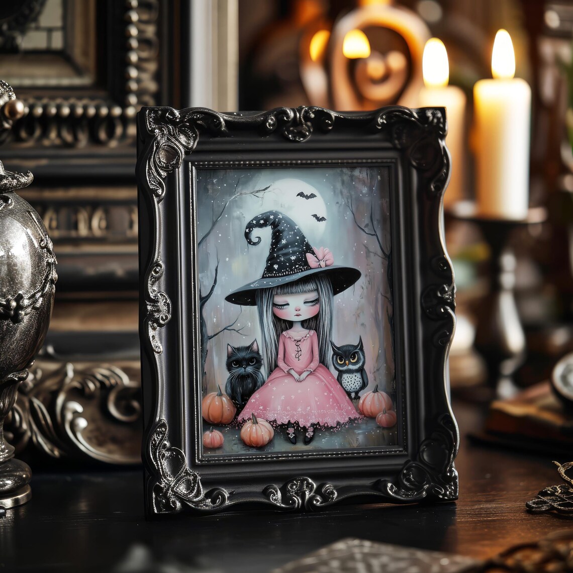 Cute Witch Girl With Cat Owl Moon Pink Halloween Fantasy Art Poster - Image 3
