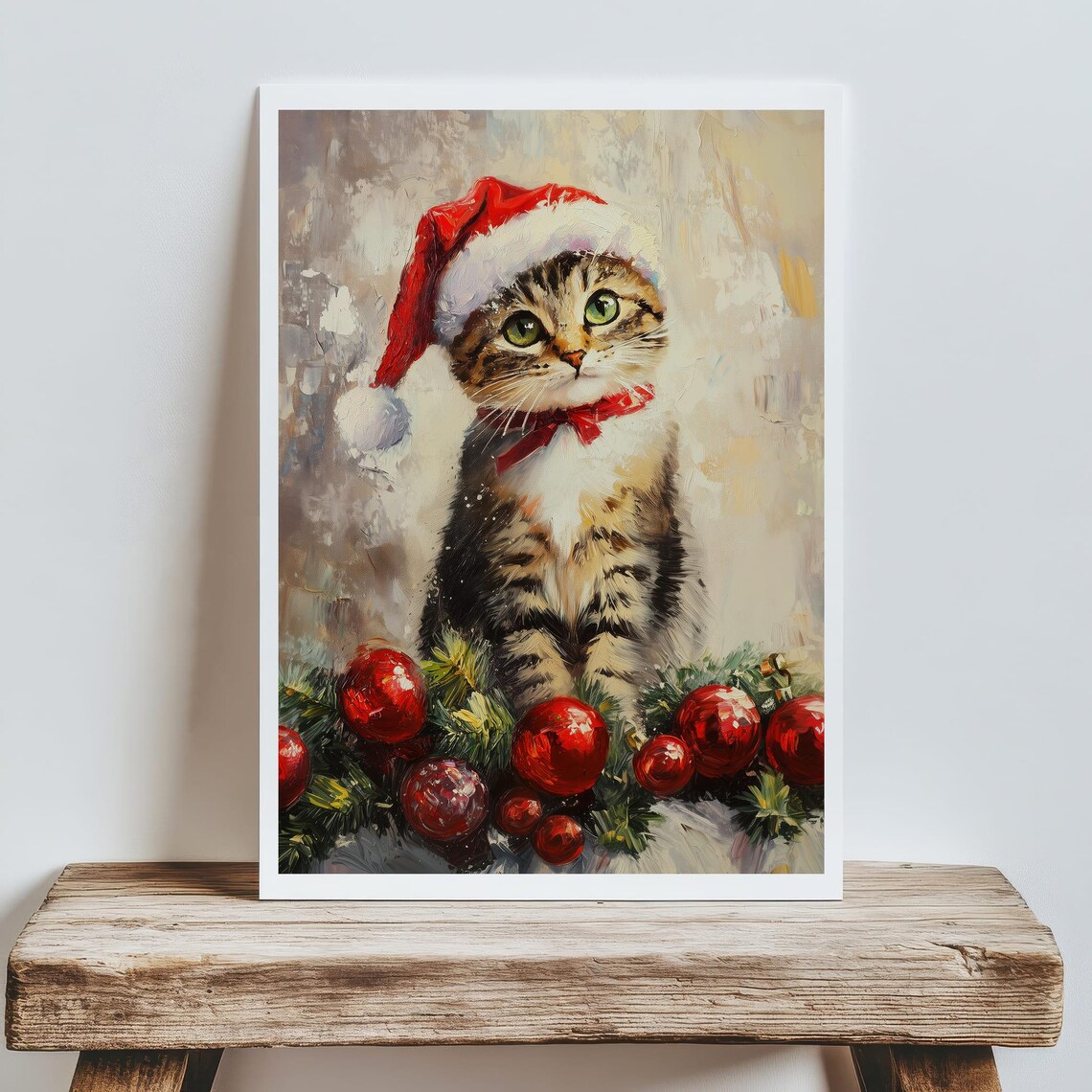 Tabby Kitten in Santa Hat With Christmas Ornaments Painting Poster - Image 7