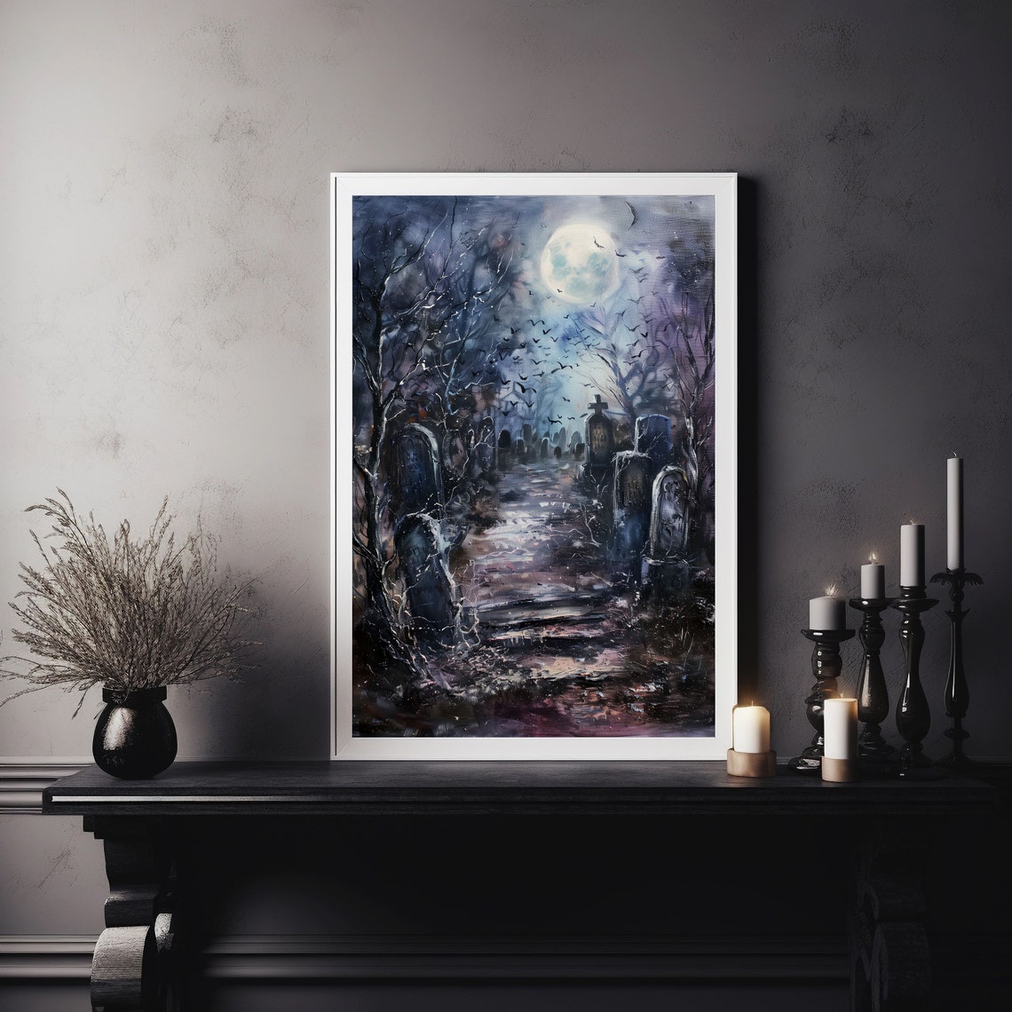 Haunted Cemetery Full Moon Bats Spooky Night Painting Art Poster - Image 2