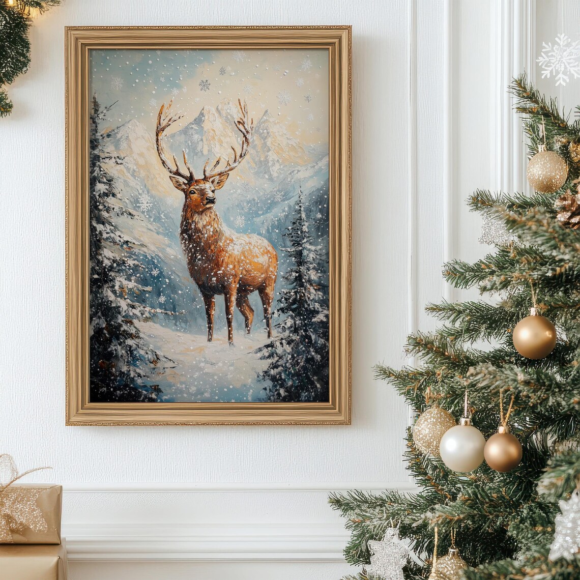 Majestic Stag in Snowy Mountain Landscape with Falling Snowflakes Poster - Image 7