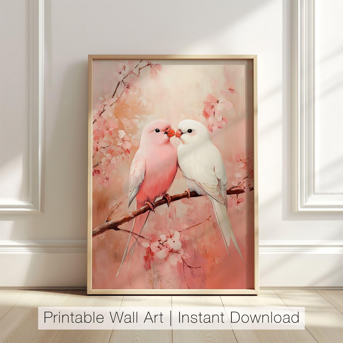 Pink Love Birds On Branch Art Print, Valentine Decor