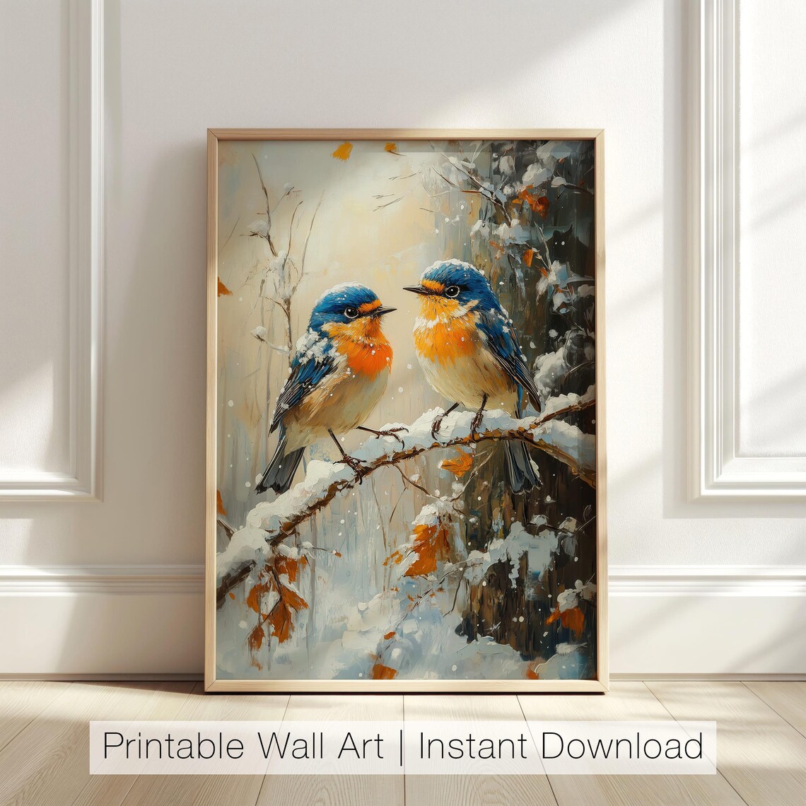 Two Winter Bluebirds On Snowy Branch Seasonal Birds Art Poster