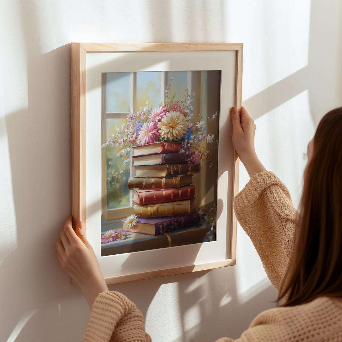 Vintage Books Stack With Flowers Window Literary Decor Poster - Image 7