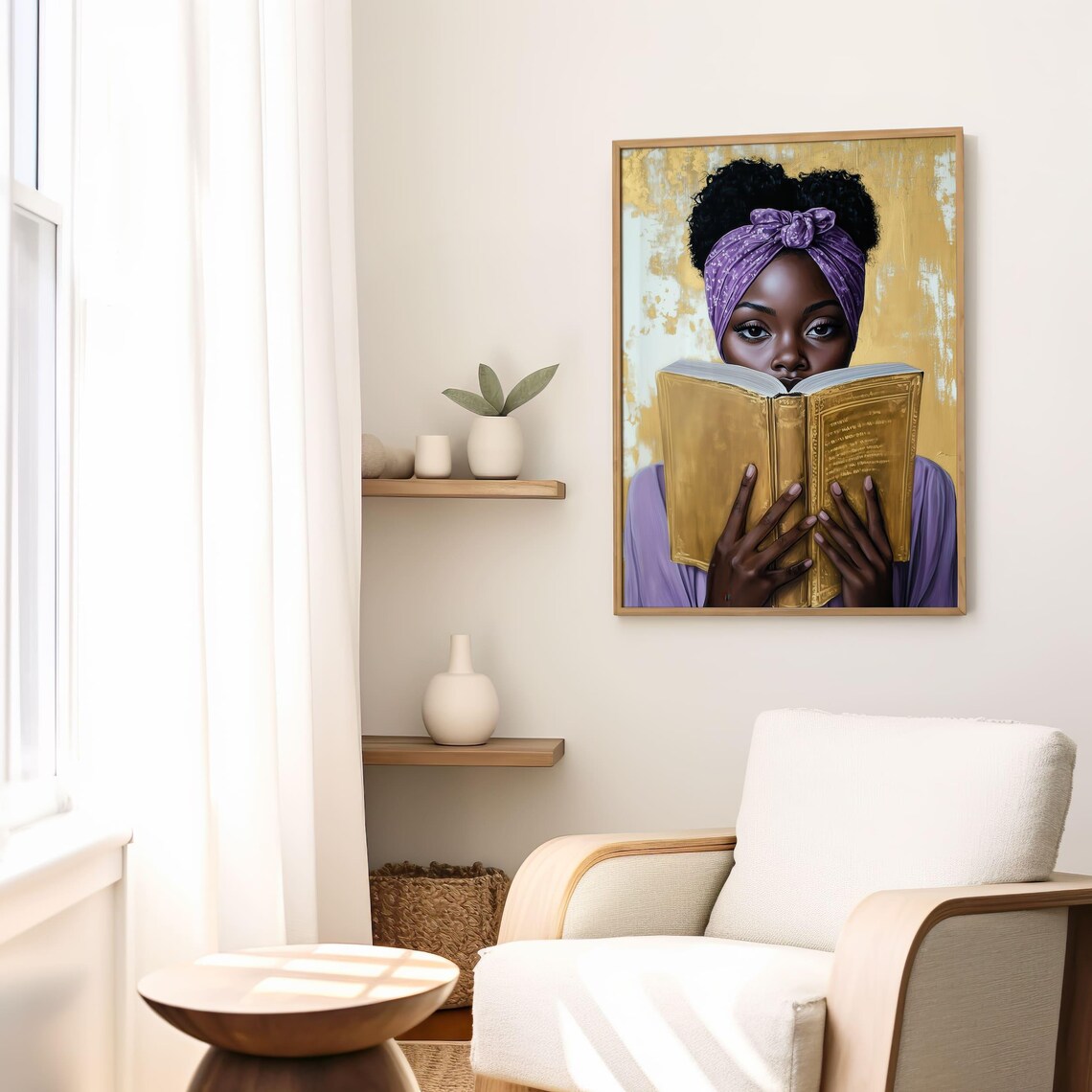 Black Woman Reading Golden Book Purple Headwrap Portrait Poster - Image 5