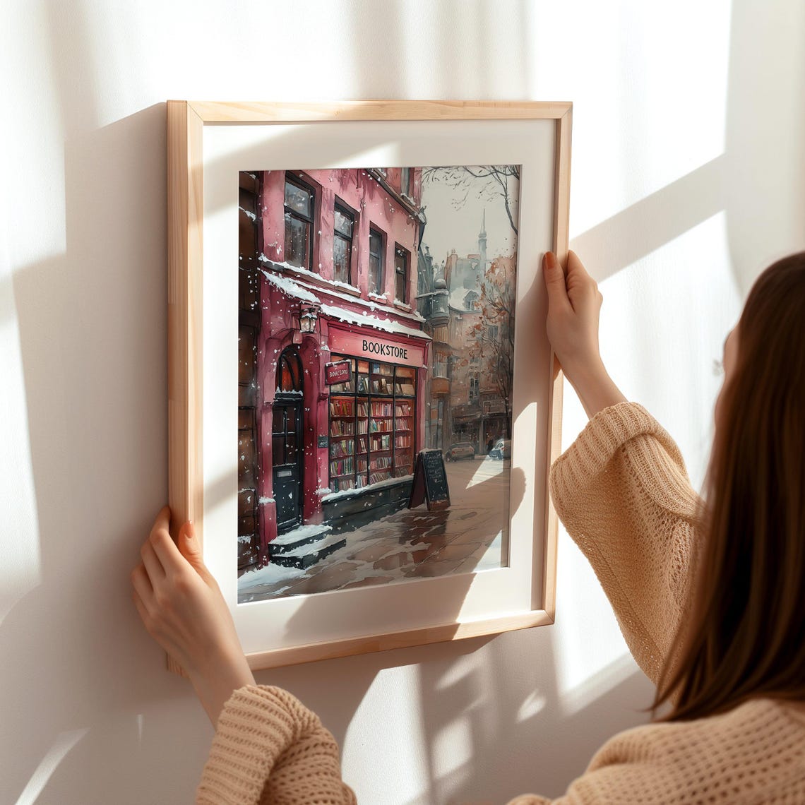 Red Bookstore Facade on a Snowy Winter Street Watercolor Poster - Image 6
