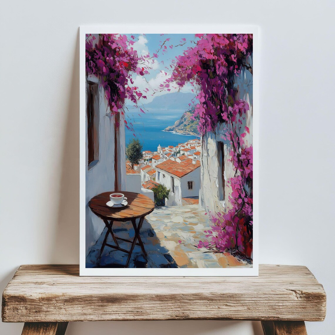 White Alley Bougainvillea Sea View Coffee Table Coastal Village Scene Poster - Image 5