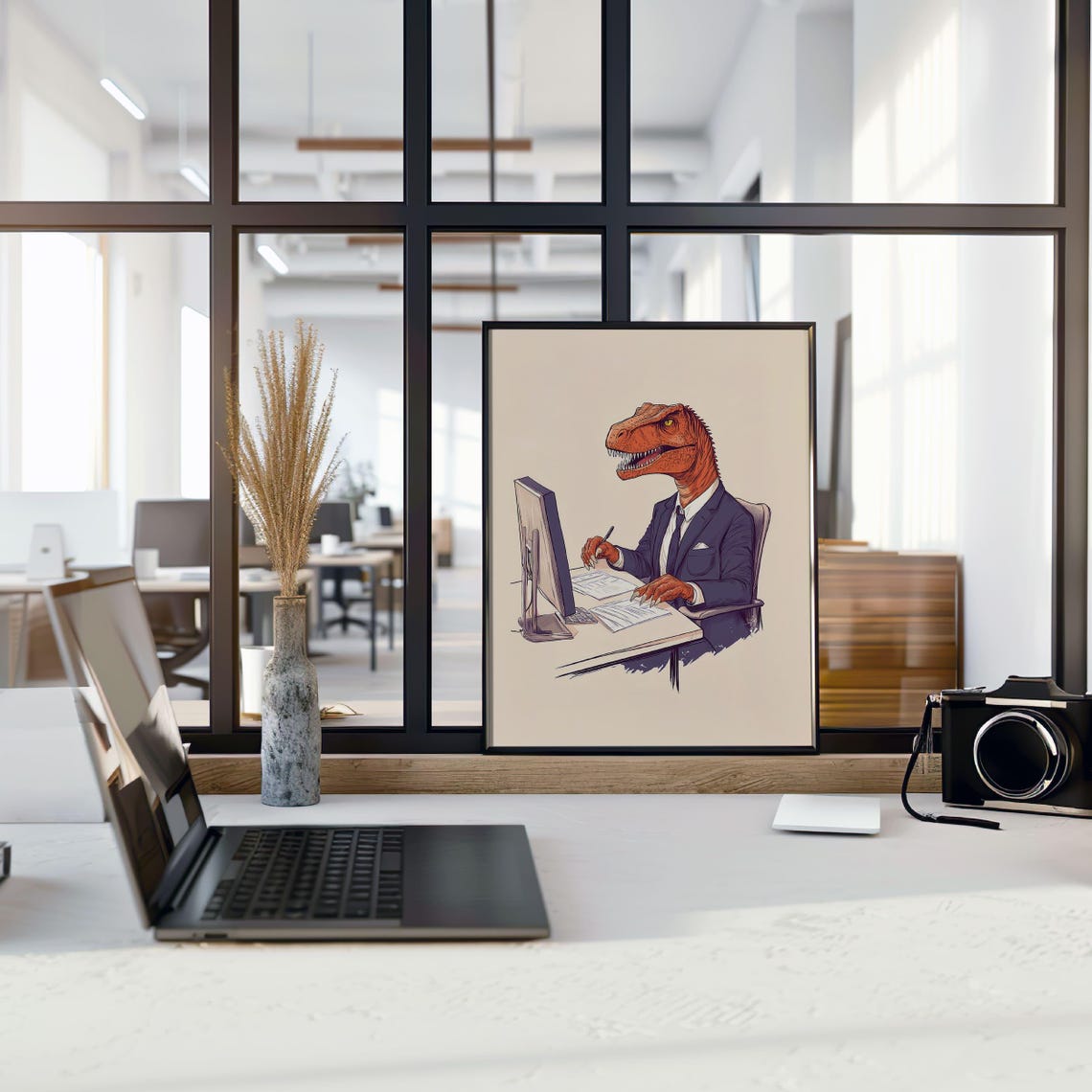 Funny T Rex In Suit Office Dinosaur Humor Workplace Art Poster - Image 3