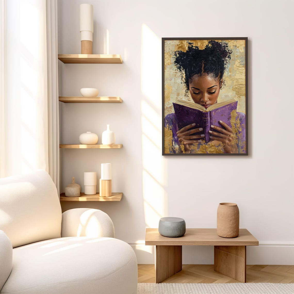 African American Woman Reading Purple Book Gold Leaf Art Poster - Image 6