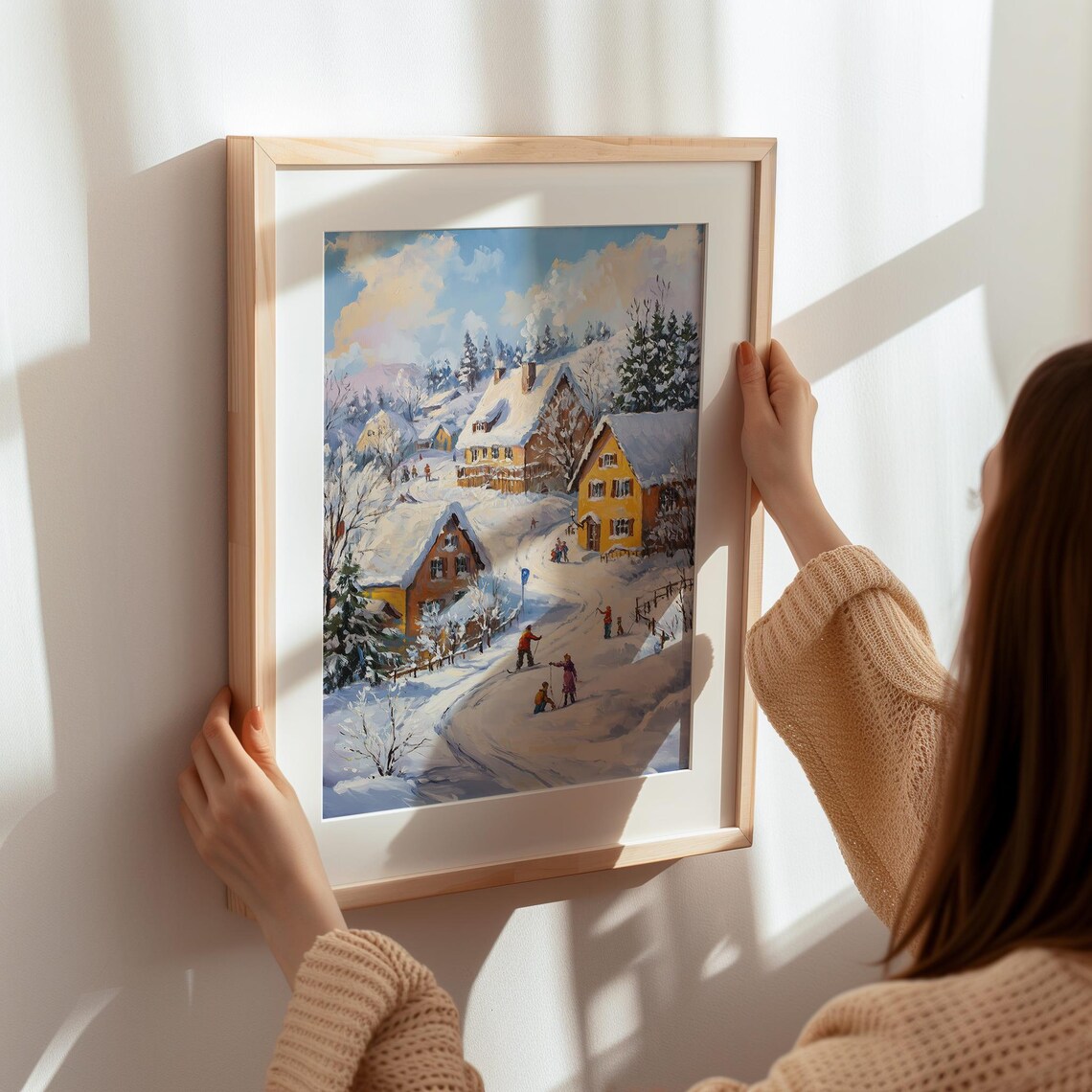 Snowy Village Cottages Winter Sledding Scene Oil Painting Poster - Image 7