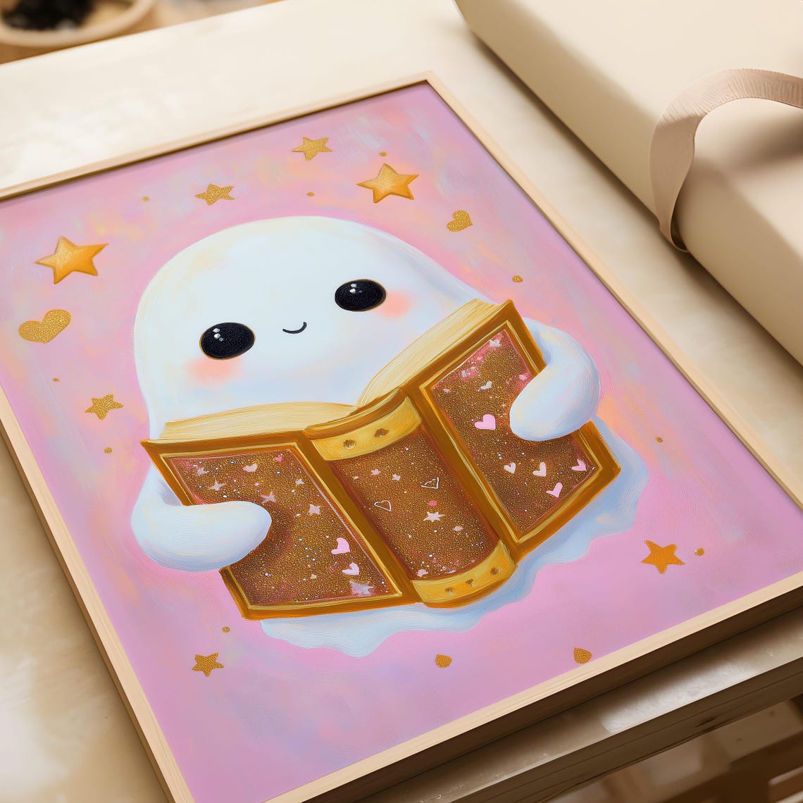 Cute Ghost Reading Golden Book Pink Halloween Bookish Poster - Image 7