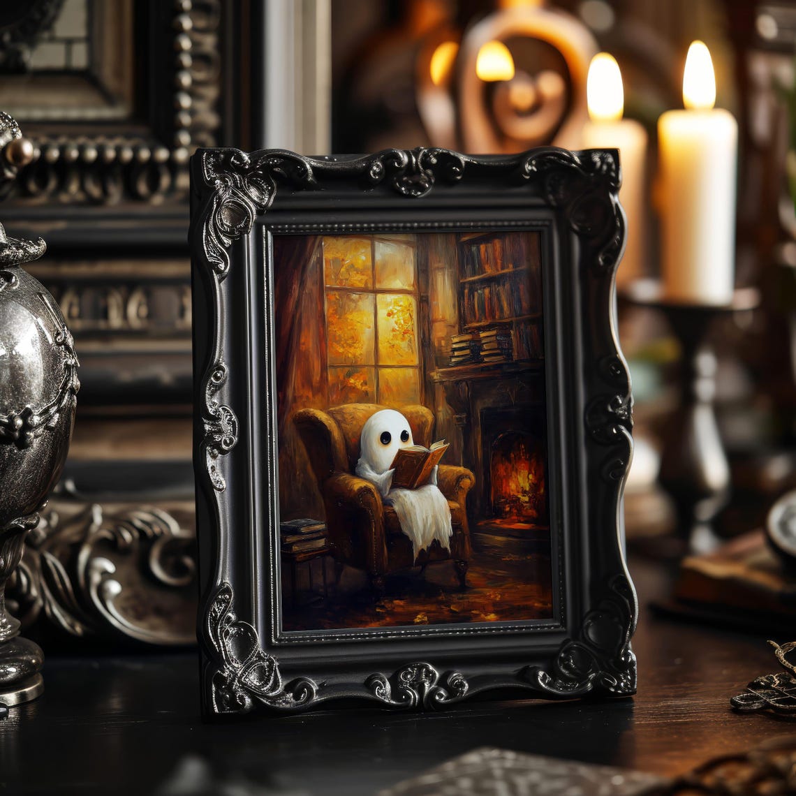 Cozy Ghost Reading by Fireplace in Dark Academia Library Poster - Image 8