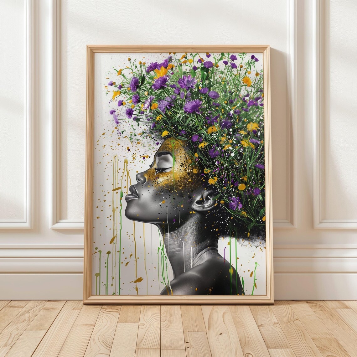 Black Woman Floral Afro Hair Portrait Afrocentric Art Poster
