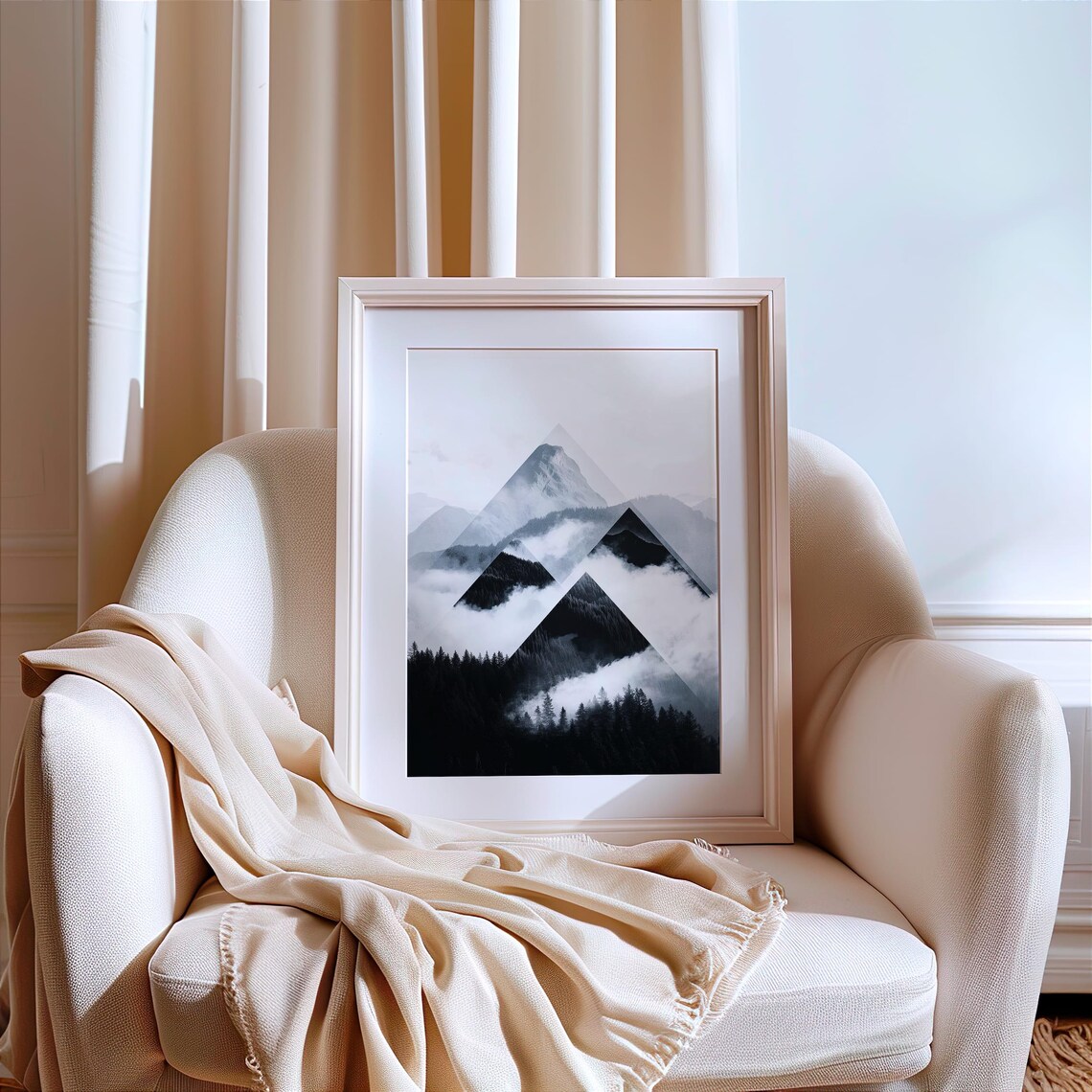 Geometric Triangle Black and White Foggy Mountain Landscape Poster - Image 2