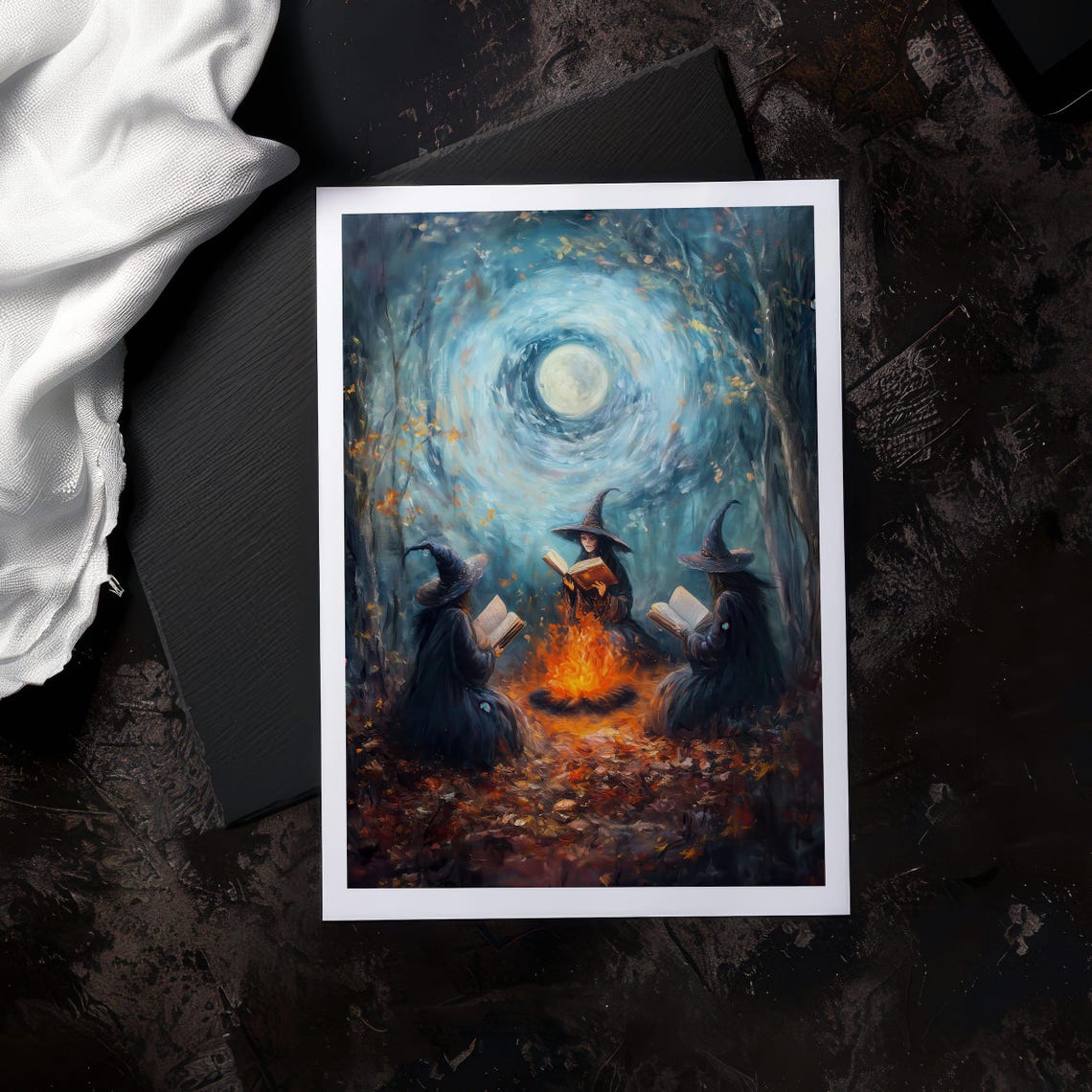 Three Witches Reading by Campfire Moonlit Forest Gothic Poster - Image 6