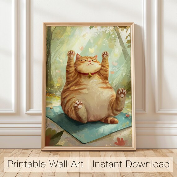 Chubby Orange Cat Yoga Stretch Cute Animal Art Funny Decor Poster