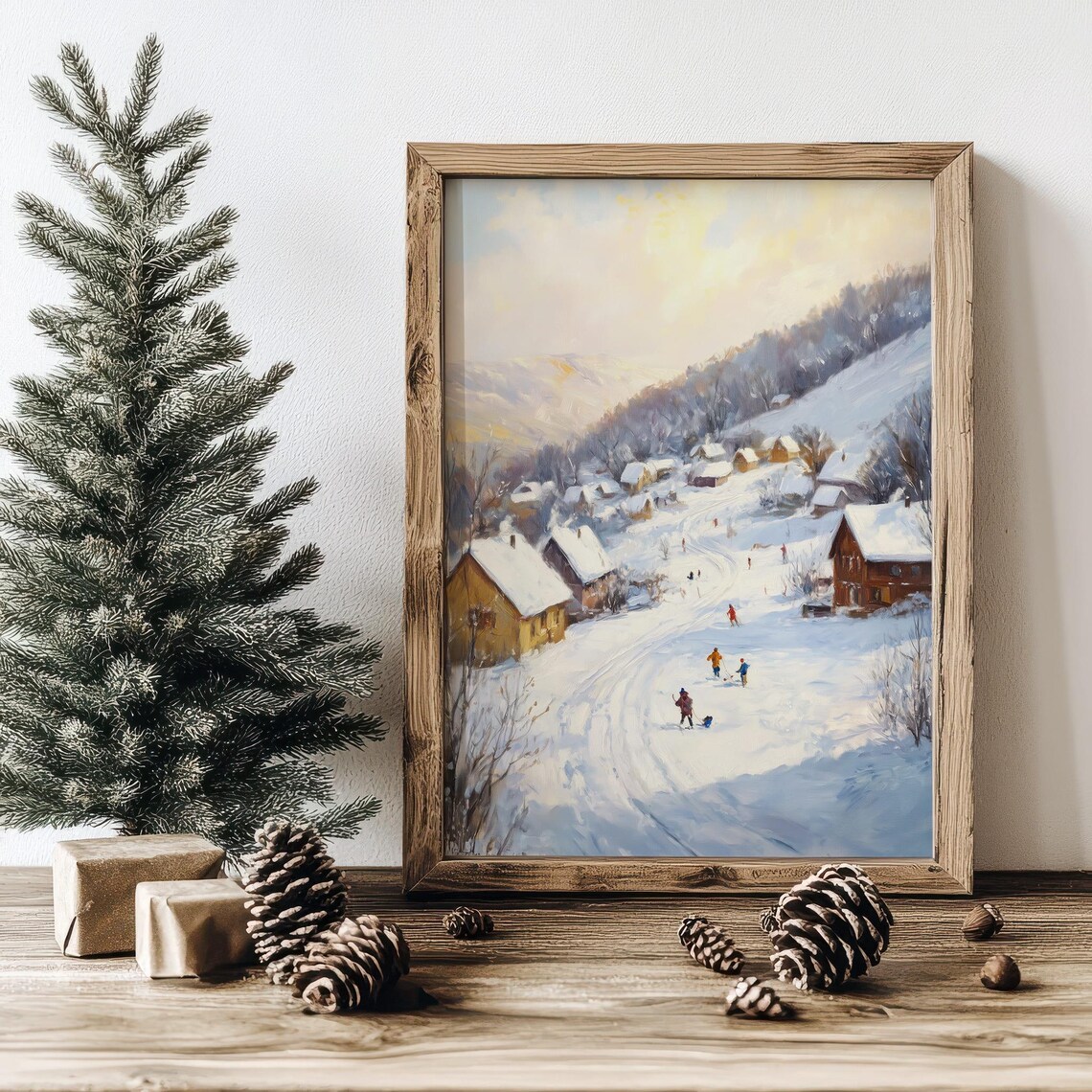 Vintage Winter Village Scene Children Sledding in Snow Poster - Image 7
