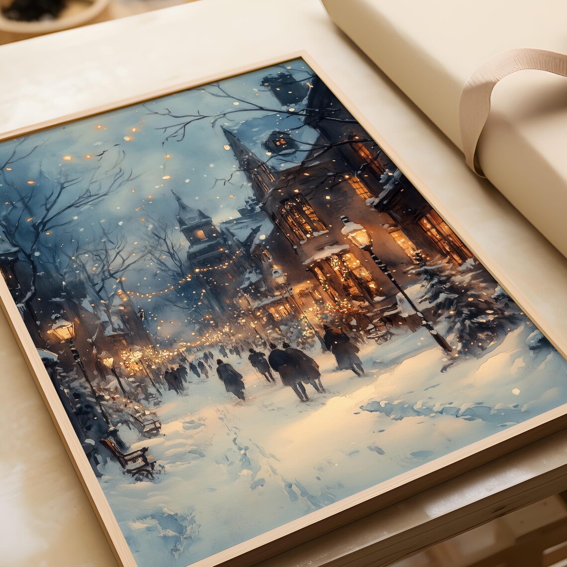 Winter Night Town Art Print, Snowy Street Holiday Decor - Image 3