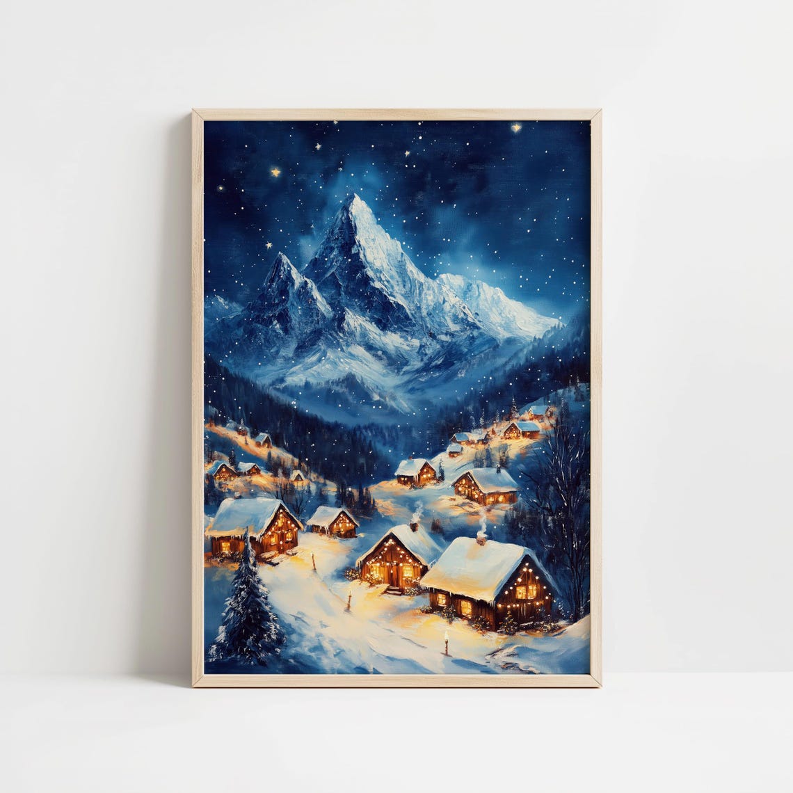Starry Night Snowy Village Beneath Towering Mountain Peaks Poster - Image 8
